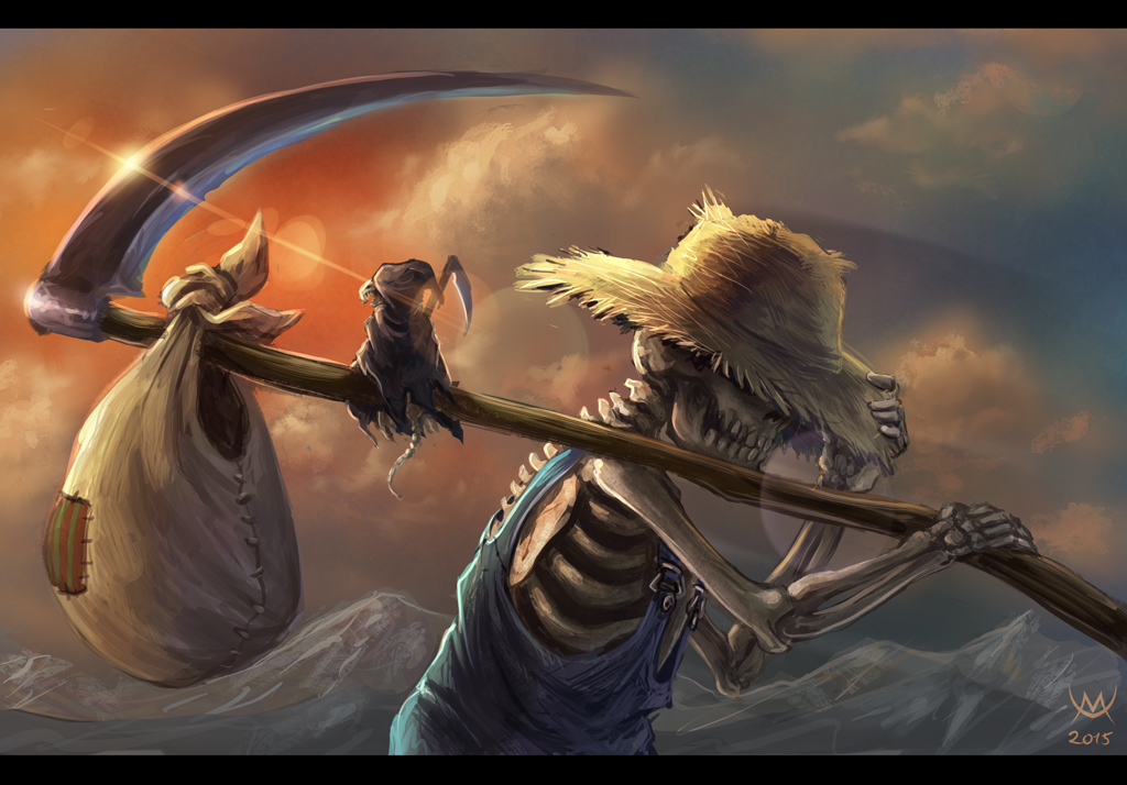 10s, 2015, bag, bill_door_(discworld), cloud, cloudy_sky, commentary, death_(discworld), death_(entity), death_of_rats, discworld, grim_reaper, hand_on_headwear, hat, lens_flare, letterboxed, maxa', outdoors, overalls, reaper_man, scythe, skeleton, sky, straw_hat, terry_pratchett