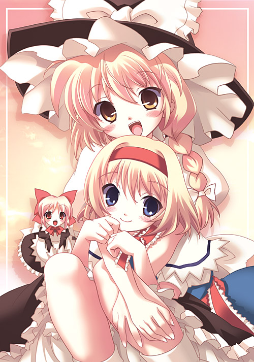 2girls, :d, alice_margatroid, apron, blonde_hair, blue_eyes, blush, bow