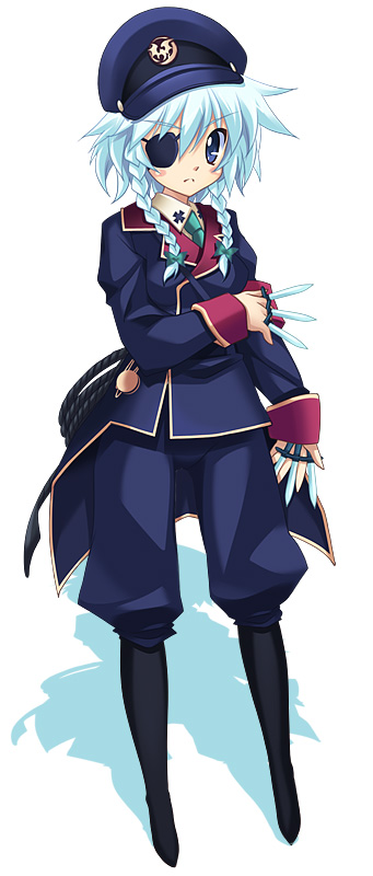 1girl, alternate_costume, blue_eyes, blush, boots, braid, eyepatch, female_focus