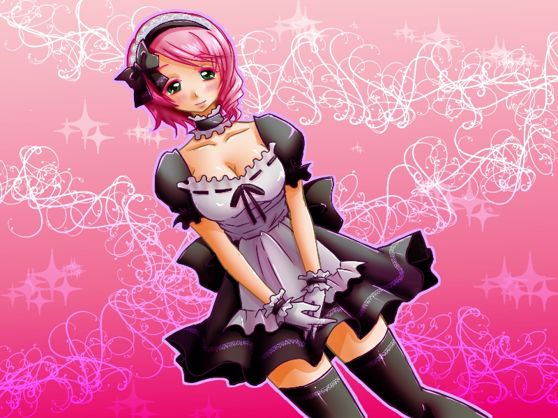 1girl, alisa_boskonovich, alternate_costume, android, asymmetrical_hair, black_thighhighs, blush, breasts, cleavage, dutch_angle, enmaided, female_focus, gloves, green_eyes, maid, maid_headdress, namco, pink_hair, solo, suzuki_(almondcake), swept_bangs, tekken, tekken_blood_vengeance, tekken_tag_tournament_2, thighhighs, white_gloves