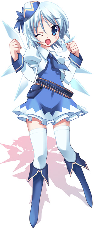 1girl, ;d, alternate_costume, ammunition_belt, bandolier, belt, blue_dress, blue_eyes