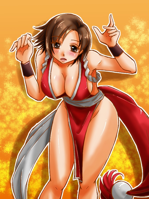 1girl, blush, breasts, brown_eyes, brown_hair, cleavage, cosplay, female_focus, japanese_clothes, kazama_asuka, large_breasts, leaning_forward, no_panties, pelvic_curtain, revealing_clothes, rope, shimenawa, shiranui_mai, shiranui_mai_(cosplay), short_hair, solo, suzuki_(almondcake), tekken, the_king_of_fighters