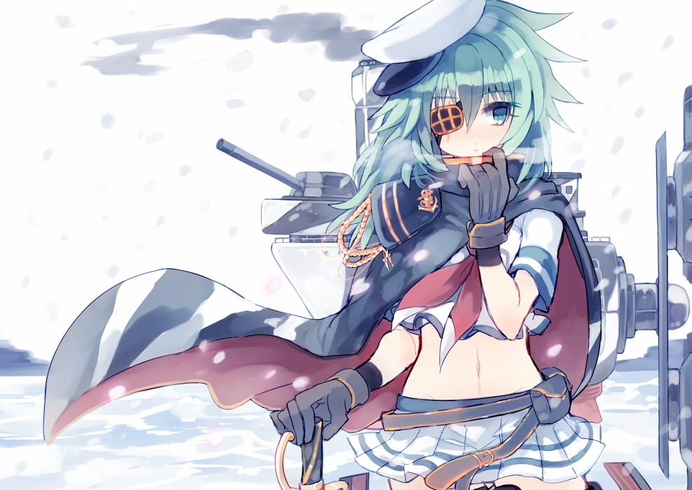 10s, 1girl, bad_id, bad_pixiv_id, belt, cape, eyepatch, gloves, green_eyes, green_hair, hat, iwashi_(sardineblue), kantai_collection, kiso_(kancolle), long_hair, rigging, ship_turret, sword, weapon