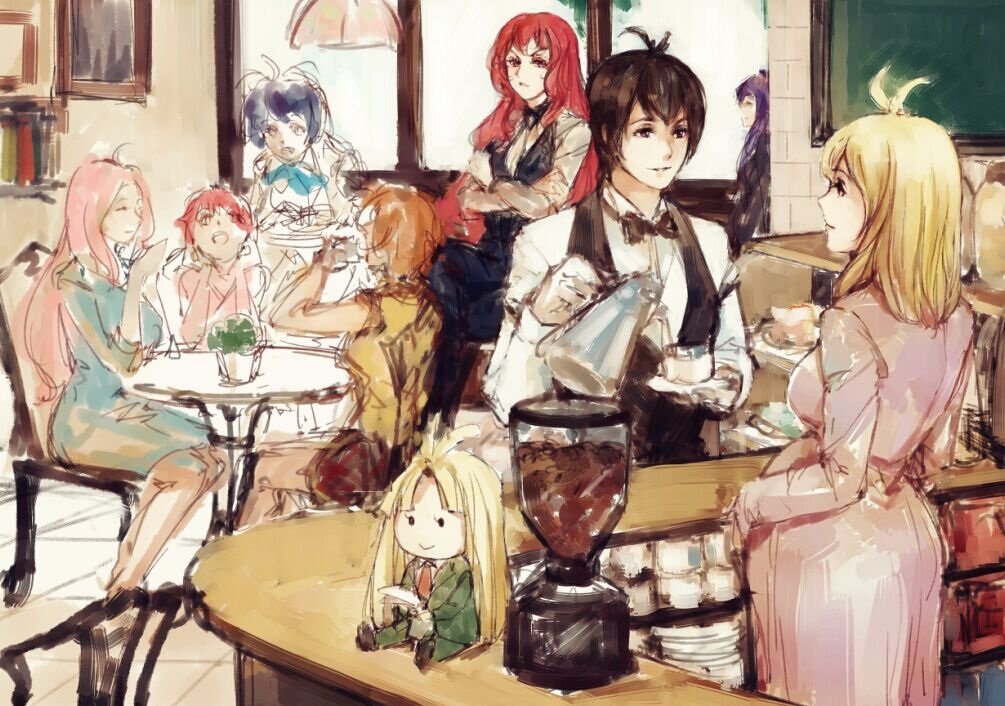 10s, 1boy, 6+girls, angelise_ikaruga_misurugi, angry, bow, bowtie, chair