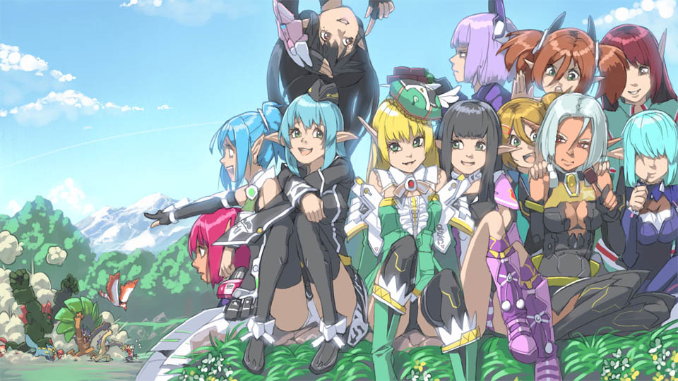 6+girls, akinbo_(hyouka_fuyou), bad_id, bad_pixiv_id, bare_shoulders, black_hair, black_legwear, blonde_hair