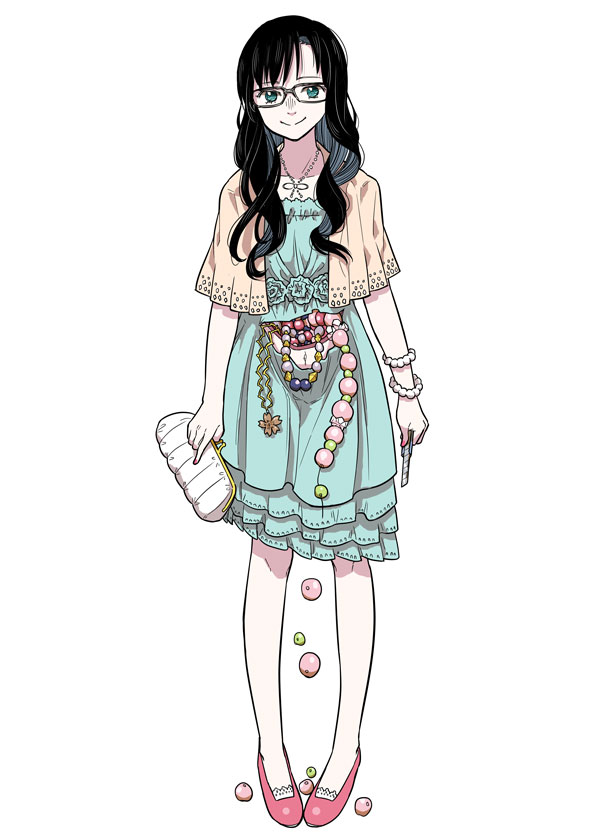 1girl, bag, beads, black_hair, boxcutter, bracelet, capelet, dress, female_focus, glasses, guro, handbag, injury, jewelry, long_hair, looking_at_viewer, original, rokuno, smile, solo, torn_clothes