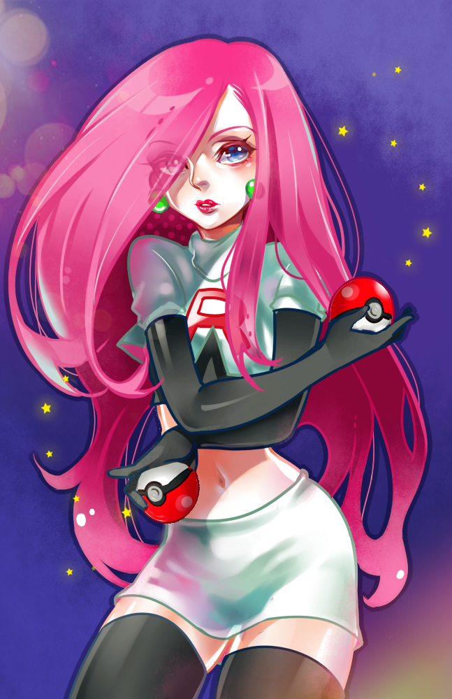 1girl, black_thighhighs, blue_eyes, earrings, female_focus, gloves, hair_down, jessie_(pokemon)