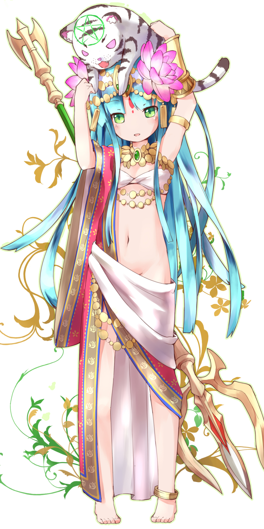 1girl, absurdres, animal, animal_on_head, anklet, aqua_hair, armlet, barefoot, facial_mark, female_focus, flat_chest, giwa, green_eyes, groin, headdress, highres, jewelry, midriff, navel, no_panties, on_head, parvati_(p&amp;d), polearm, puzzle_&amp;_dragons, solo, tiger, trident, weapon