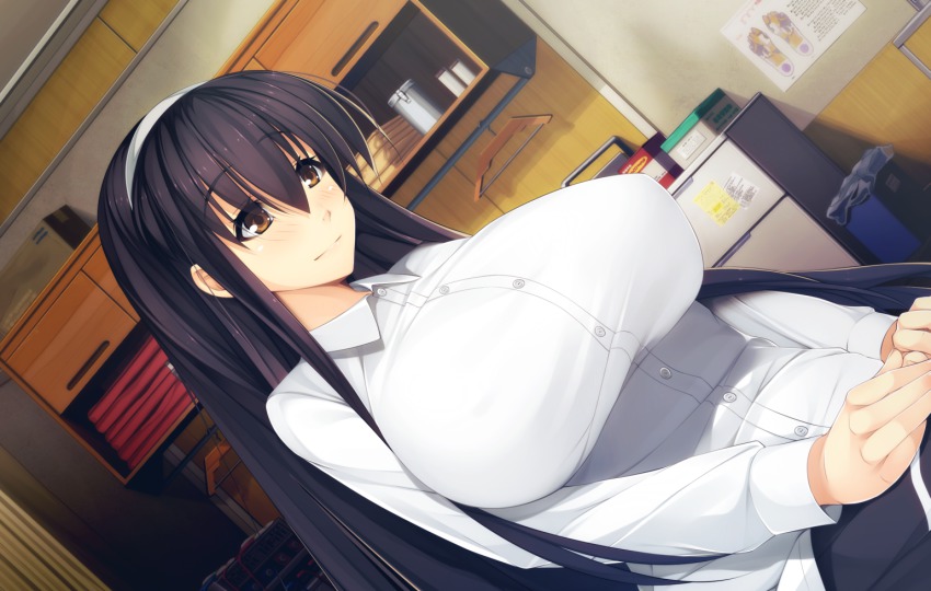 1girl, black_hair, blush, breasts, brown_eyes, erectlip, ero_massage-shi_ni_hamerareta_kyonyuu_jk_shimai, female_focus