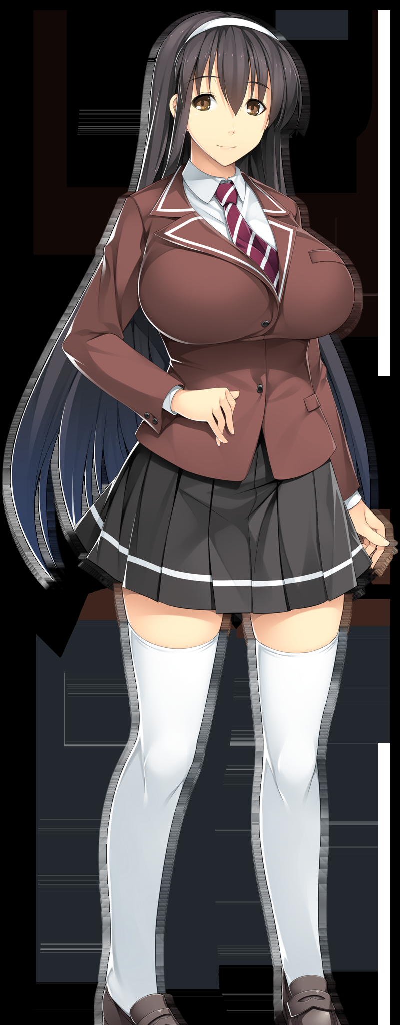 1girl, black_hair, breasts, brown_eyes, erectlip, ero_massage-shi_ni_hamerareta_kyonyuu_jk_shimai, female_focus, full_body, game_cg, hairband, highres, huge_breasts, legs, long_hair, looking_at_viewer, mozuku, necktie, sanzen'in_haruka, school_uniform, shoes, simple_background, skirt, smile, solo, standing, thighs, white_legwear