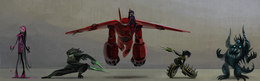 2girls, 3boys, armor, bad_end, baymax, big_hero_6, black_hair, blade