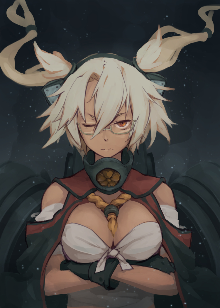 10s, 1girl, bare_shoulders, black_gloves, blonde_hair, breasts, budget_sarashi, cleavage