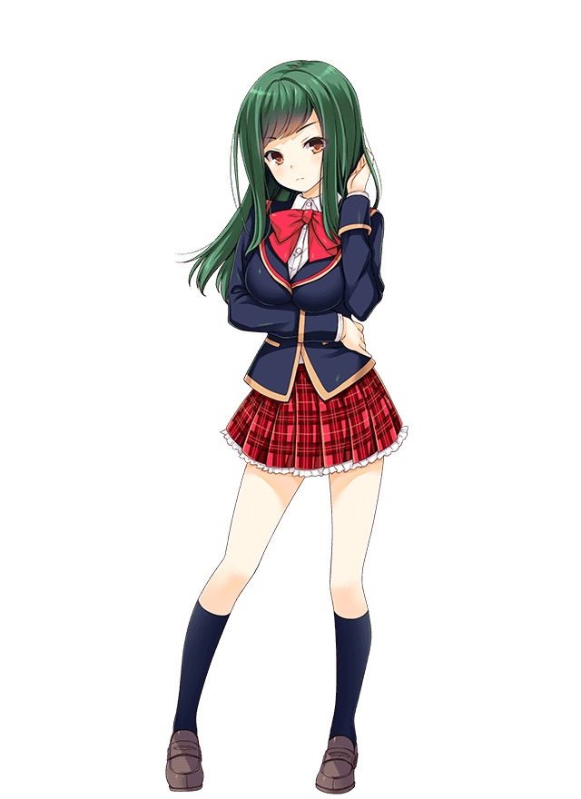 1girl, black_socks, bow, bowtie, breasts, brown_eyes, female_focus, full_body, girlfriend_(kari), green_hair, kokonoe_shinobu, long_hair, official_art, plaid_clothes, plaid_skirt, qp:flapper, red_bow, red_bowtie, school_uniform, shinobu_kokonoe, skirt, socks, solo, transparent_background, white_background