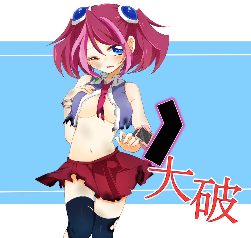 1girl, bad_id, bad_pixiv_id, blue_eyes, bracelet, breasts, duel_disk, female_focus, hiiragi_yuzu, jewelry, large_breasts, multicolored_hair, necktie, pink_hair, puruchino, short_twintails, solo, tears, thighhighs, torn_clothes, torn_thighhighs, twintails, two-tone_hair, underboob, yu-gi-oh!, yu-gi-oh!_arc-v, zettai_ryouiki