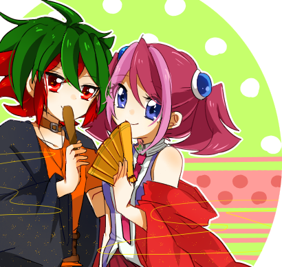 1boy, 1girl, bad_id, bad_pixiv_id, blue_eyes, choker, colored_bangs, green_hair