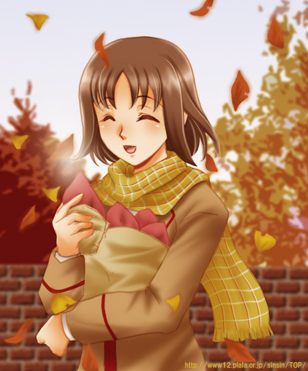 00s, autumn, autumn_leaves, brown_hair, food, gokujou_seitokai, katsura_seina, leaf