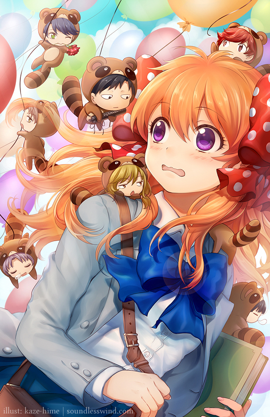 10s, 3girls, 5boys, animal_costume, artist_name, balloon, blush, bow
