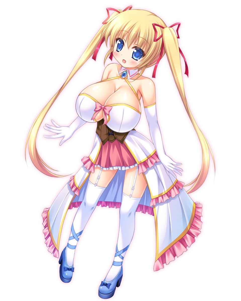 1girl, blonde_hair, blue_eyes, breasts, cleavage, dress, elbow_gloves, female_focus