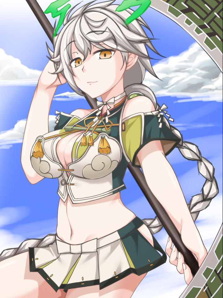 10s, 1girl, antlers, asymmetrical_hair, bare_shoulders, braid, breasts, cleavage