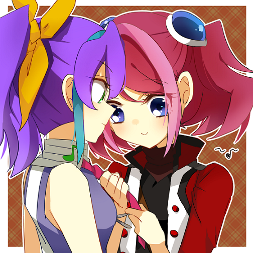 2girls, blue_eyes, blue_hair, bow, bracelet_girls, cosplay, costume_switch, green_eyes