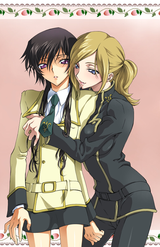 1boy, 1girl, code_geass, cosplay, costume_switch, crossdressing, iyou, lelouch_vi_britannia, lelouch_vi_britannia_(cosplay), luluko, milly_ashford, mizuno_poppo, school_uniform, serafuku, trap