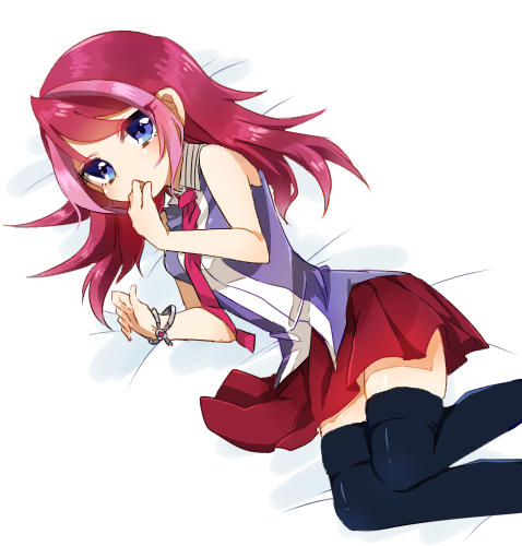 1girl, blue_eyes, bracelet, female_focus, hair_down, hiiragi_yuzu, hiyoseri, jewelry, lowres, lying, multicolored_hair, necktie, on_side, pink_hair, skirt, sleeveless, solo, thighhighs, two-tone_hair, yu-gi-oh!, yu-gi-oh!_arc-v, zettai_ryouiki