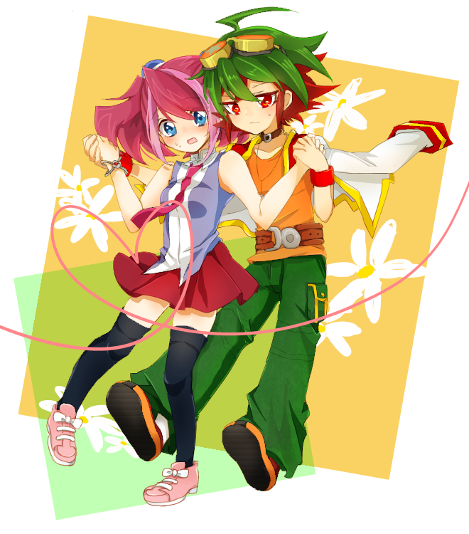 1boy, 1girl, belt, blue_eyes, bracelet, choker, colored_bangs, goggles