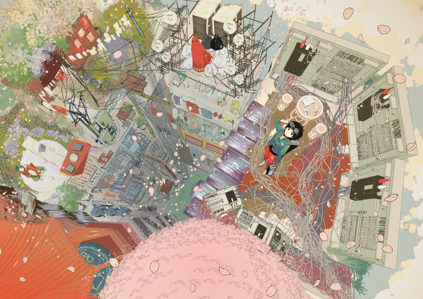 2girls, black_hair, from_above, highres, multiple_girls, omiomi_kekyu, original, red_eyes