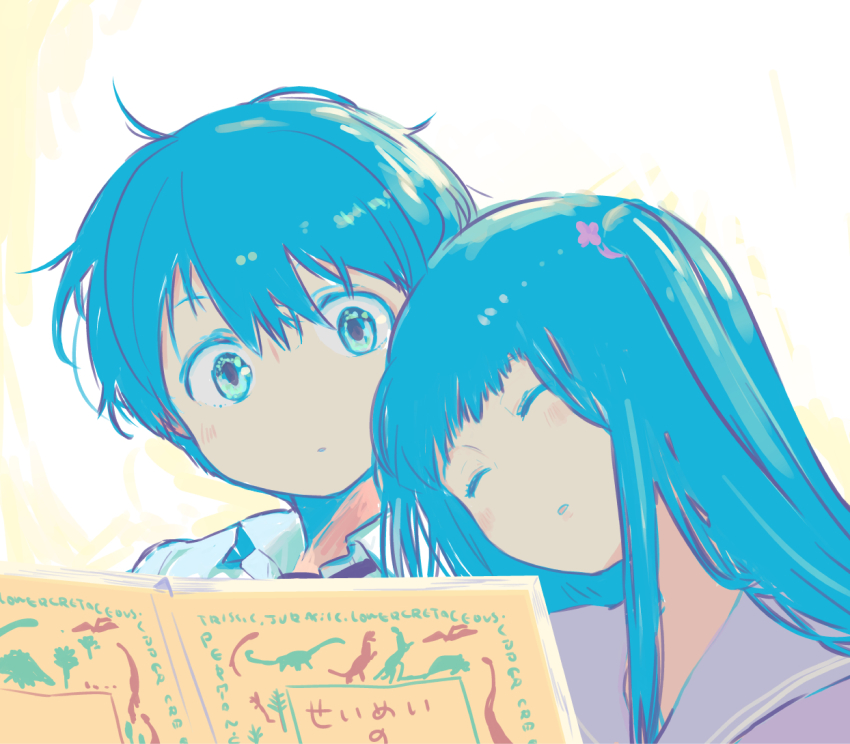 1boy, 1girl, babel_shiki_kami_girl, blue_eyes, blue_hair, blue_theme, hana_(babel_shiki_kami_girl), hida_hidaka