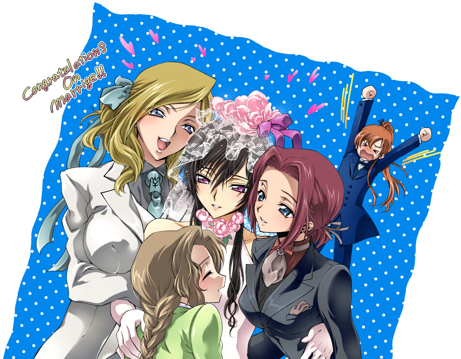 00s, 1boy, 4girls, bride, code_geass, crossdressing, dress, english_text
