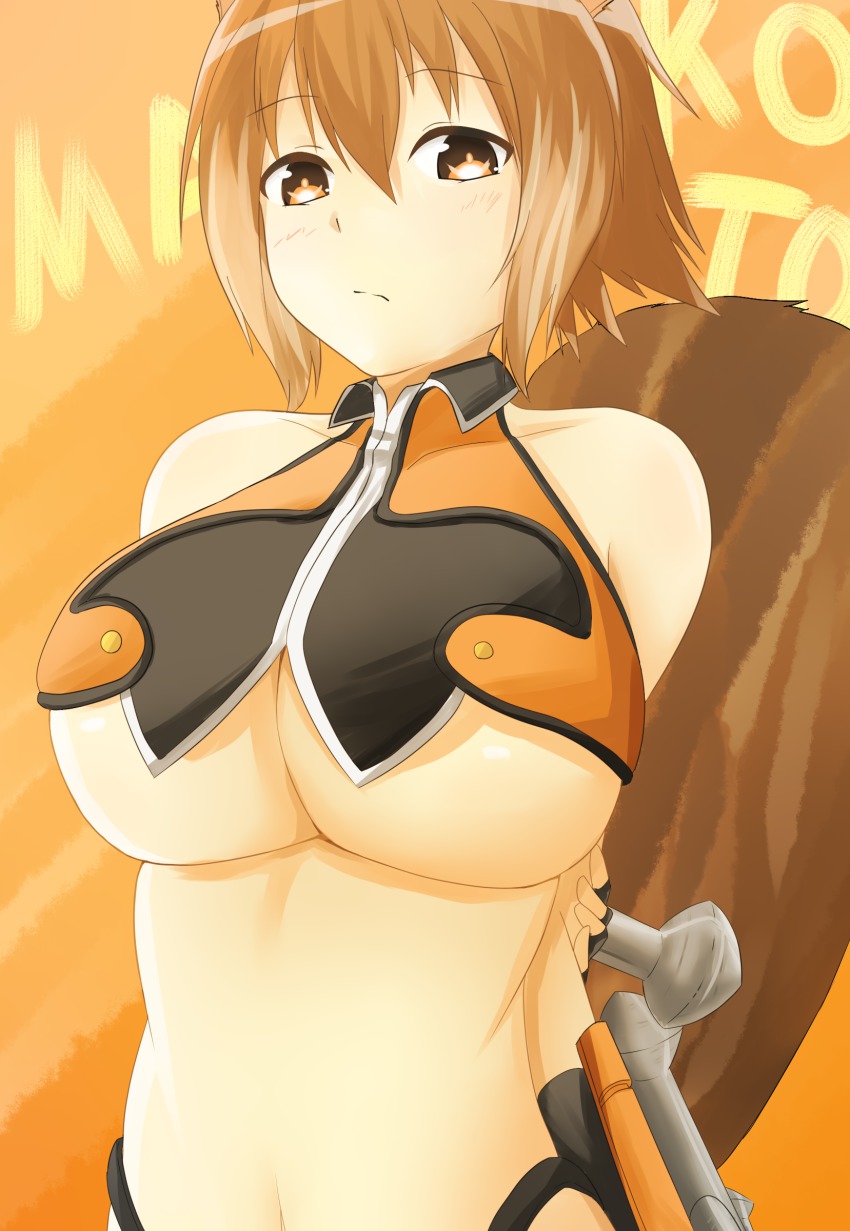 1girl, absurdres, animal_ears, antenna_hair, arms_behind_back, bare_shoulders, black_panties, blazblue, blush, breasts, brown_hair, dual_wielding, female_focus, fingerless_gloves, gloves, highleg, highleg_panties, highres, holding, large_breasts, makoto_nanaya, panties, ruga_(orage38), short_hair, solo, squirrel_ears, squirrel_tail, tail, tonfa, underboob, underwear, weapon