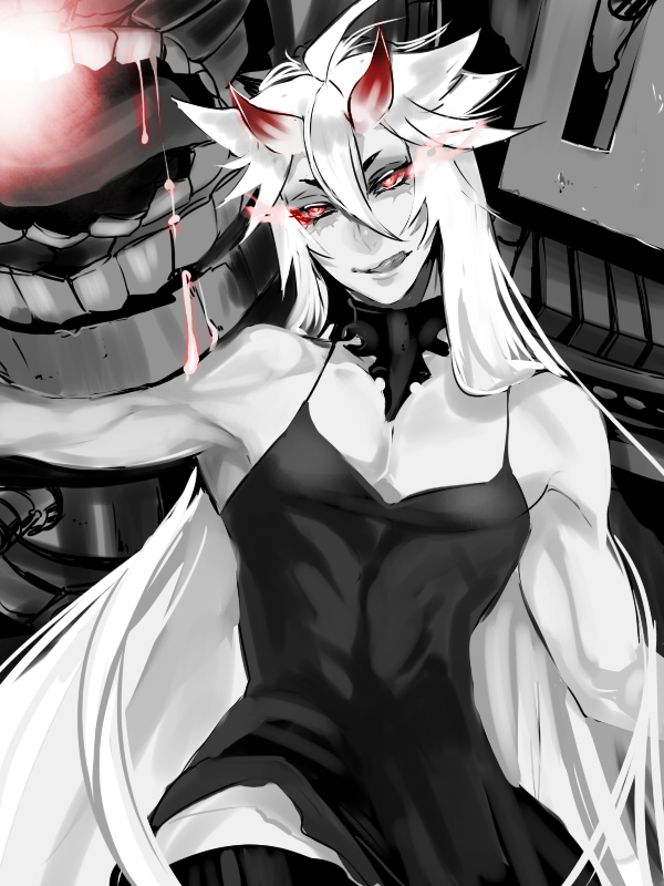 10s, 1boy, abyssal_ship, battleship_hime_(cosplay), battleship_princess, cosplay, crossdressing, crossdressing_(mtf), dress, glowing, glowing_eyes, horns, kantai_collection, kogitsunemaru, licking_lips, long_hair, male_focus, monochrome, red_eyes, solo, spot_color, tongue, tongue_out, touken_ranbu, very_long_hair, zuwai_kani