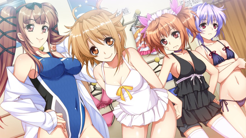 4girls, bare_shoulders, bikini, blonde_hair, breasts, brown_hair, cleavage, clothes_hanger, crimson_(magical_kanan), dressing_room, game_cg, hand_on_own_hip, hiiragi_chihaya, kimidzuka_misaki, kojima_emi_(magical_canan), legs, long_hair, looking_at_viewer, magical_kanan, magical_kanan_2:_hiiro_no_bergamot, multiple_girls, navel, orange_eyes, pink_eyes, purple_hair, red_eyes, shop, short_hair, shpping, small_breasts, smile, standing, swimsuit, thighs, twintails, wokaha, yokota_mamoru