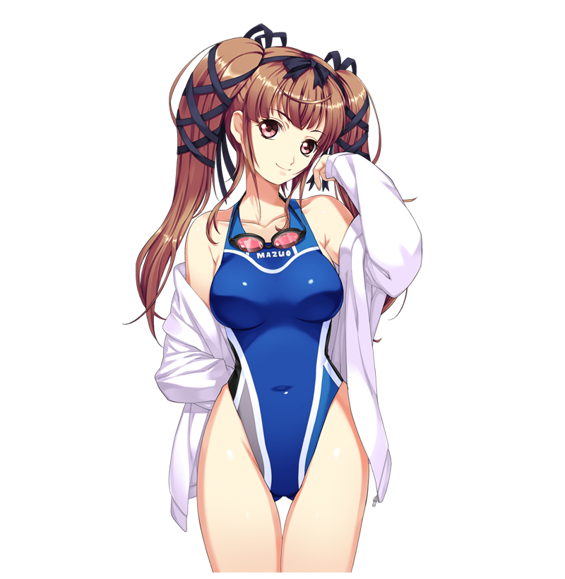 1girl, bare_shoulders, breasts, brown_hair, female_focus, game_cg, goggles, kimidzuka_misaki, legs, long_hair, looking_at_viewer, magical_kanan, magical_kanan_2:_hiiro_no_bergamot, pink_eyes, simple_background, smile, solo, standing, swimsuit, thigh_gap, thighs, twintails, white_background, yokota_mamoru