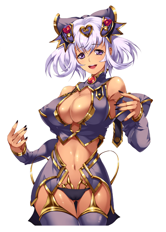 1girl, bare_shoulders, blush, breasts, cleavage, dark-skinned_female, dark_skin, female_focus, game_cg, large_breasts, legs, looking_at_viewer, magical_kanan, magical_kanan_2:_hiiro_no_bergamot, nail_polish, navel, open_mouth, prim, purple_eyes, short_hair, simple_background, smile, solo, standing, thighs, thong, white_background, white_hair, yokota_mamoru