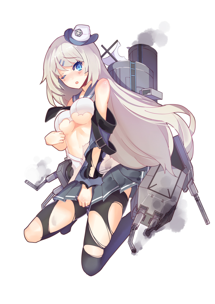 1girl, ahoge, anchor, black_thighhighs, blush, breasts, damaged, female_focus, hair_ornament, hairclip, hat, kent_(warship_girls_r), long_hair, looking_at_viewer, mecha_musume, medium_breasts, official_art, original, personification, pleated_skirt, rain_lan, royal_navy, sailor_collar, silver_hair, skirt, solo, thighhighs, torn_clothes, torn_thighhighs, underboob, warship_girls_r, wince