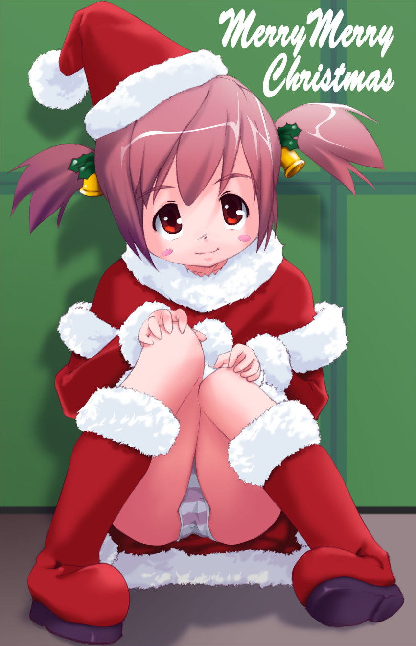 1girl, absurdres, bell, blush, blush_stickers, boots, brown_hair, capelet, christmas, copyright_request, crotch_seam, dress, female_focus, fur-trimmed_boots, fur-trimmed_capelet, fur-trimmed_dress, fur_trim, green_background, hair_bell, hair_ornament, hands_on_own_knees, hat, highres, holly_hair_ornament, knees_together_feet_apart, loli, long_sleeves, looking_at_viewer, merry_christmas, panties, pantyshot, pink_hair, pom_pom_(clothes), red_capelet, red_dress, red_eyes, red_hat, santa_costume, santa_dress, santa_hat, short_hair, sitting, smile, solo, st+1, striped_clothes, striped_panties, twintails, underwear, white_panties