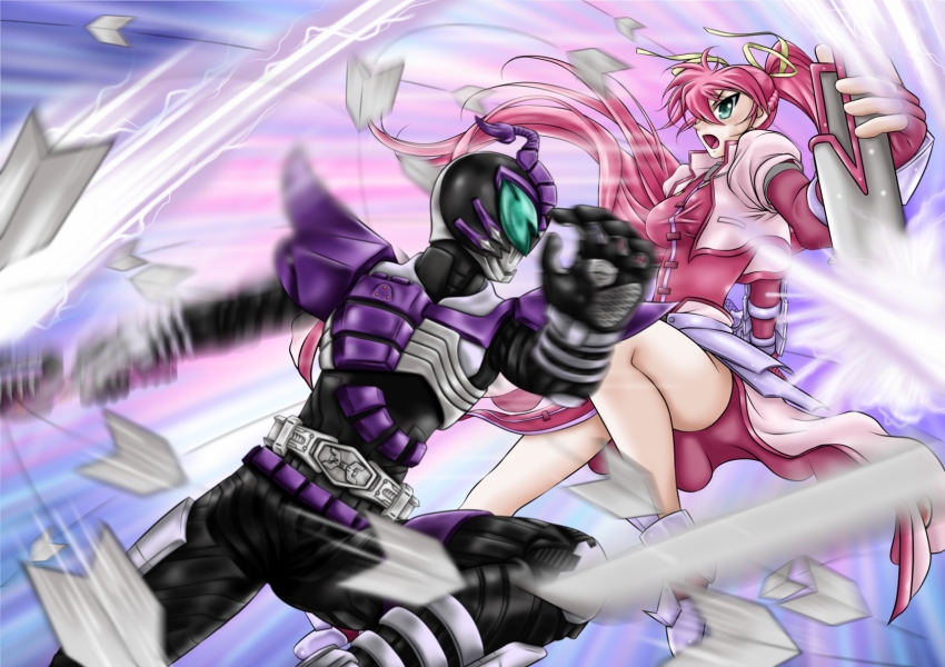 1boy, 1girl, armor, battle, chainsword, crossover, epic, fighting