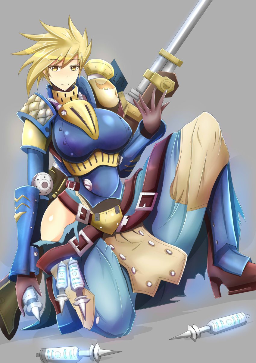 armor, blonde_hair, frown, gun, highres, rifle, torahimemax, weapon