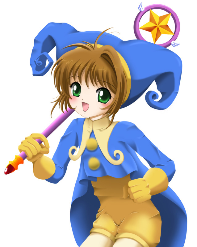 1990s_(style), 1girl, blue_hat, brown_hair, cardcaptor_sakura, child, cowboy_shot, female_focus