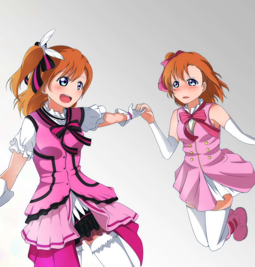 10s, 2girls, :d, absurdres, blue_eyes, bow, detached_sleeves, dress