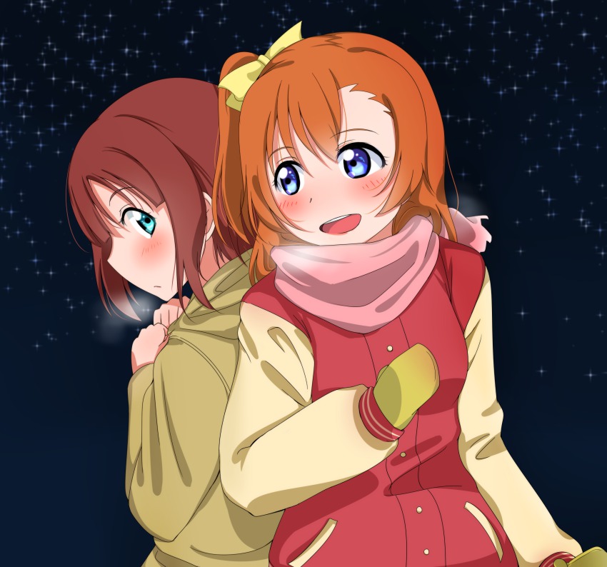 10s, 2girls, back-to-back, blue_eyes, bow, breath, brown_hair, hair_bow, highres, honomask, kosaka_honoka, kosaka_yukiho, letterman_jacket, love_live!, love_live!_school_idol_project, mittens, multiple_girls, open_mouth, orange_hair, scarf, siblings, side_ponytail, sisters, sky, star_(sky), starry_sky, winter_clothes