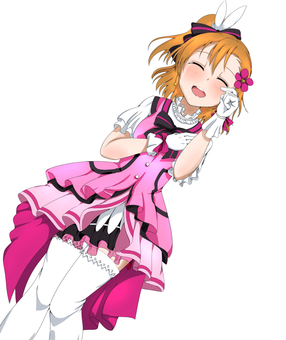 10s, 1girl, :d, ^_^, bow, closed_eyes, dress, dutch_angle, female_focus, flower, frilled_dress, frills, gloves, hair_bow, hair_flower, hair_ornament, happy_tears, honomask, kira-kira_sensation!, kosaka_honoka, love_live!, love_live!_school_idol_project, open_mouth, orange_hair, pink_dress, side_ponytail, simple_background, smile, solo, tears, thighhighs, white_background, white_gloves, white_thighhighs, wiping_tears, zettai_ryouiki