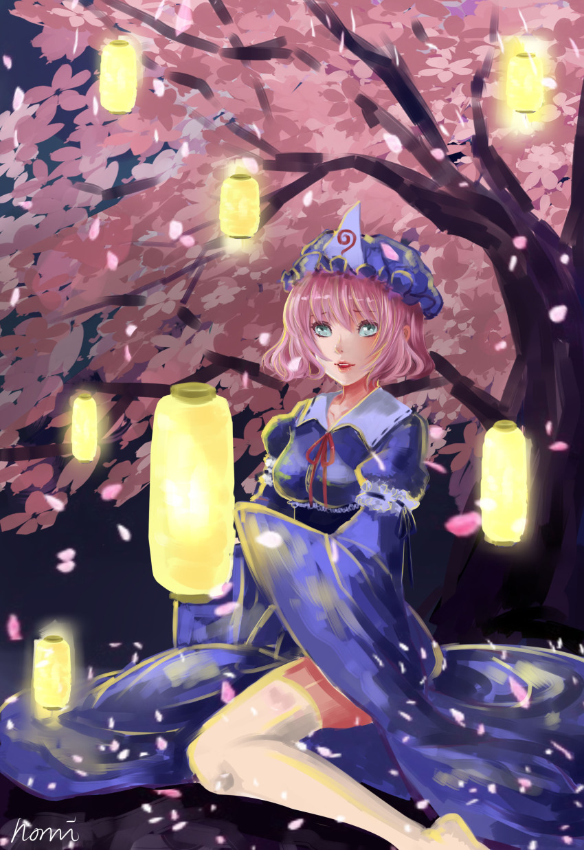 1girl, absurdres, alternate_eye_color, arm_ribbon, artist_name, breasts, cherry_blossoms, faux_traditional_media