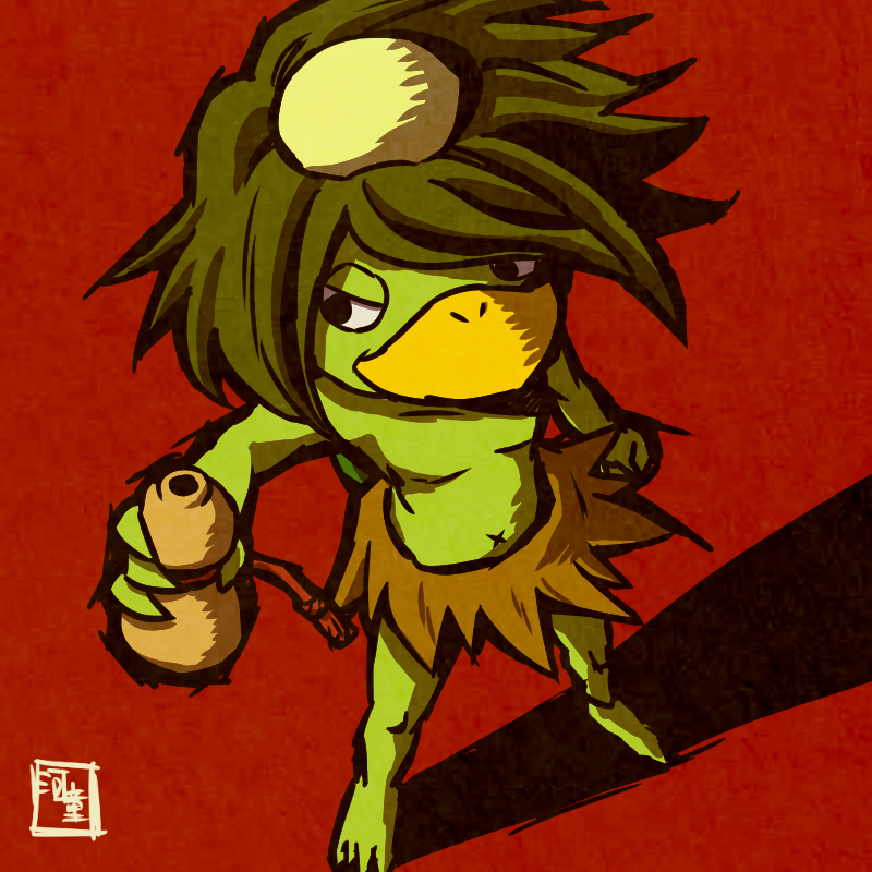 10s, 1boy, barefoot, character_name, colored_skin, from_above, gourd, green_skin, kappa, kappa_(youkai_watch), male_focus, mizumoto_nazuna, navel, red_background, solo, traditional_youkai, youkai_watch