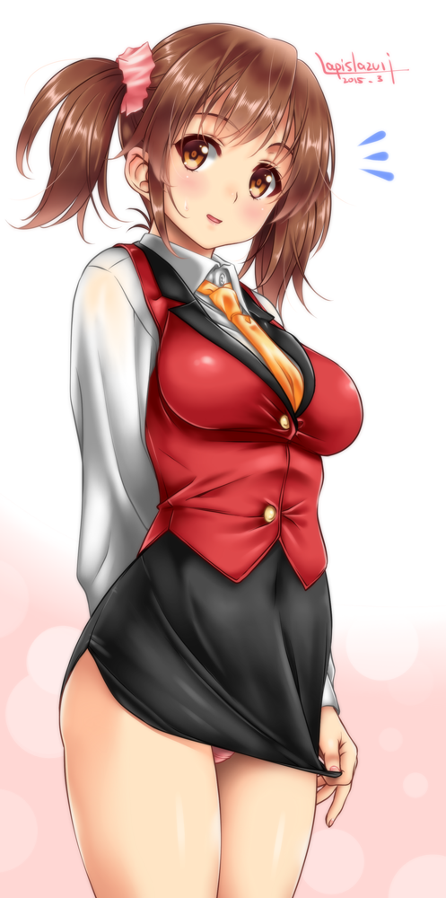 10s, 1girl, :d, blush, breasts, brown_eyes, brown_hair, female_focus