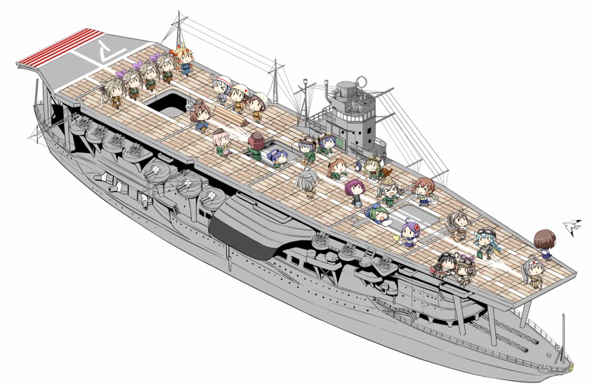 10s, 20.3cm_twin_gun_mount, 25mm_twin_autocannon_mount, 6+girls, aircraft_carrier, antennae, anti-aircraft, anti-aircraft_gun, aviator_cap, baby_animal, battleship, bird, black_hair, boat, broom, cannon, cat, chick, cleaning_brush, instant_cup_noodles, cupcake, damage_control_crew_(kancolle), damage_control_goddess_(kancolle), dustpan, eating, egusa_(kantai_collection), egusa_squadron_pilot_(kancolle), failure_penguin, fairy_(kancolle), flight_deck, flower, food, goggles, goggles_on_headwear, hachimaki, hair_flower, hair_ornament, hands_on_hilt, hard_hat, headband, helmet, highres, holding, holding_dustpan, instant_noodles, kantai_collection, lineup, military, military_vehicle, multiple_girls, nejiri_hachimaki, ocean, personification, phone, pilot_suit, reppuu_(kancolle), ryuusei_(kancolle), saiun_(kancolle), scarf, school_uniform, seagull, serafuku, shiden_kai_2_(kancolle), shinden_(kancolle), ship, ship_turret, shishigami_(sunagimo), simple_background, skilled_pilot_(kancolle), string_phone, suisei_(kancolle), sunglasses, tenzan_(kancolle), tomonaga_(fairy), tomonaga_squadron_pilot_(kancolle), type_0_fighter_model_21_fairy, type_0_fighter_model_52_fairy, type_96_fighter, type_99_dive_bomber_fairy, vehicle, warship, watercraft, weapon, white_background, wood, wooden_floor, world_war_ii, zero_(kantai_collection)