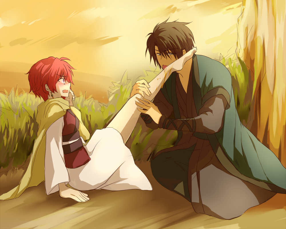 1boy, 1girl, akatsuki_no_yona, barefoot, blush, hak_(akatsuki_no_yona), jin_(phoenixpear), licking, purple_eyes, red_hair, short_hair, yona_(akatsuki_no_yona)