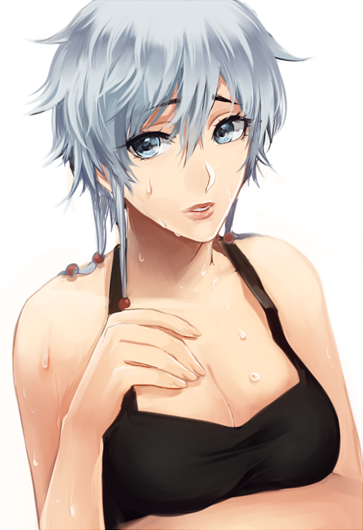 1girl, apg0w0, arm_under_breasts, bare_arms, black_tank_top, bleach, blue_eyes, braid, breasts, cleavage, collarbone, facing_viewer, female_focus, grey_eyes, grey_hair, hair_between_eyes, hair_ornament, hand_up, kotetsu_isane, large_breasts, looking_to_the_side, parted_lips, short_hair, simple_background, solo, sweat, tank_top, teeth, upper_body, wet, white_background