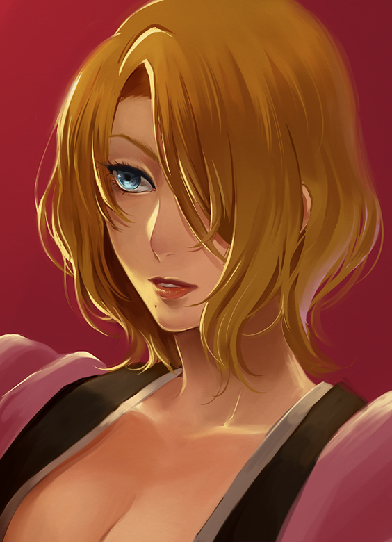 1girl, alternate_hair_length, alternate_hairstyle, apg0w0, bad_id, bad_twitter_id, bleach, blonde_hair, blue_eyes, breasts, cleavage, eyelashes, female_focus, hair_over_one_eye, japanese_clothes, kimono, large_breasts, lipstick, long_hair, looking_to_the_side, makeup, matsumoto_rangiku, mole, mole_under_mouth, orange_hair, parted_lips, portrait, red_background, shawl, short_hair, simple_background, solo, yukin_(es)